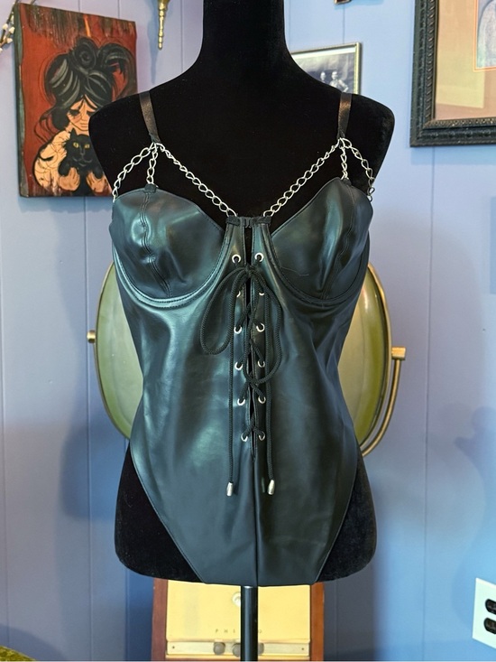 Vintage Tops - Vtg 90s Intimate Attitudes Faux Leather Goth Punk Babydoll Nightwear Bodysuit